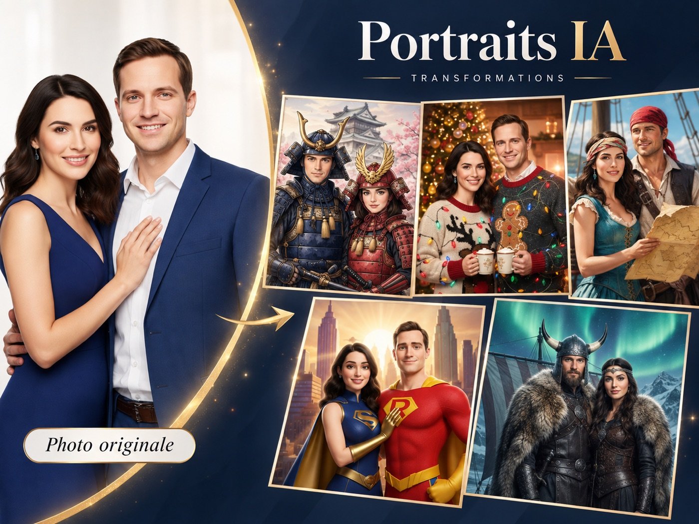 Portraits IA La Pellicule Marseillaise : photo originale et ses transformations en samouraïs, pirates, super-héros et vikings